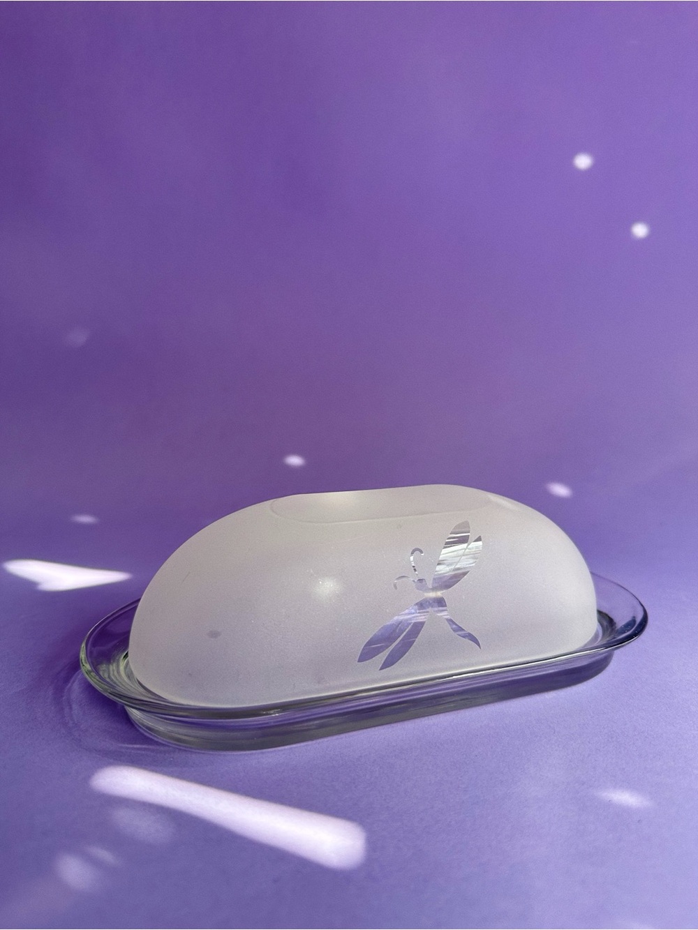 Frosted Glass Butter Dish with Dragonfly Etching - Frosted White